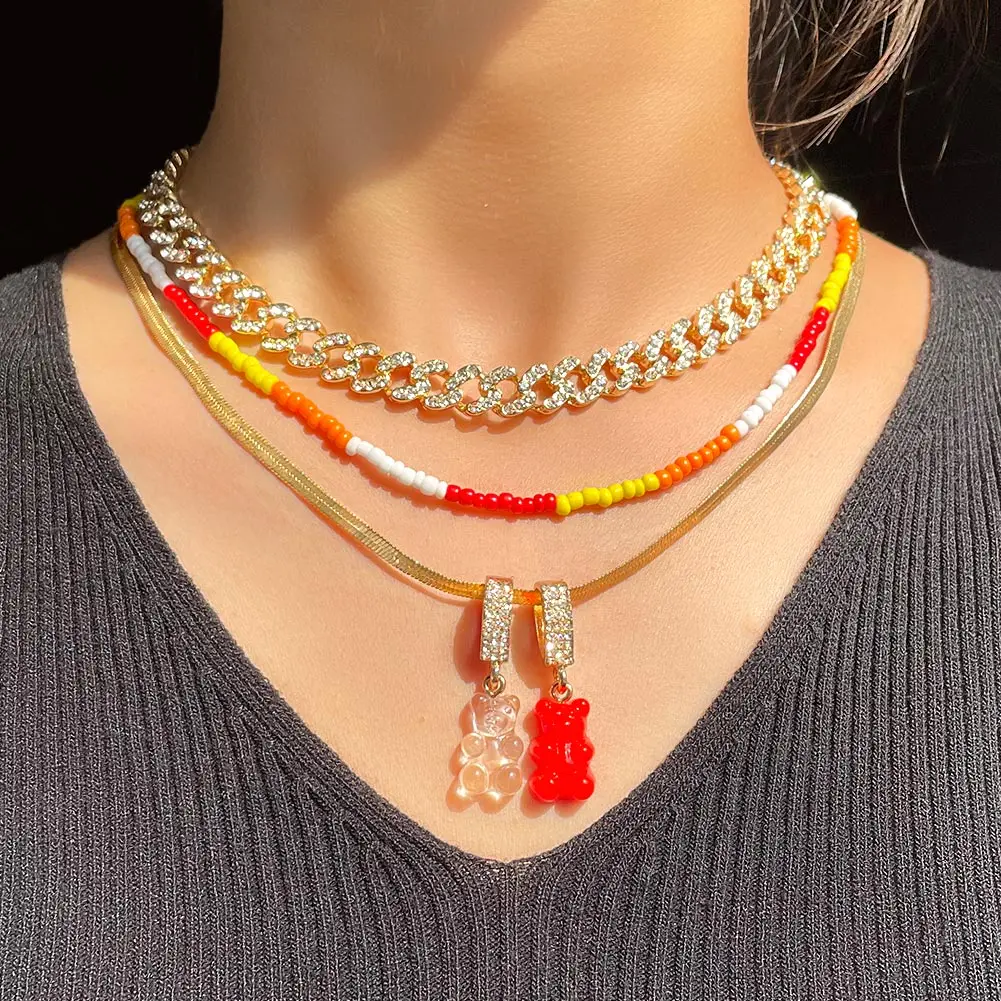 

3Pcs/Set Cute Resin Bear Charm Snake Chain Beaded Necklaces for Women Hip Hop Crystal Cuban Link Chain Necklace Punk Y2K Jewelry