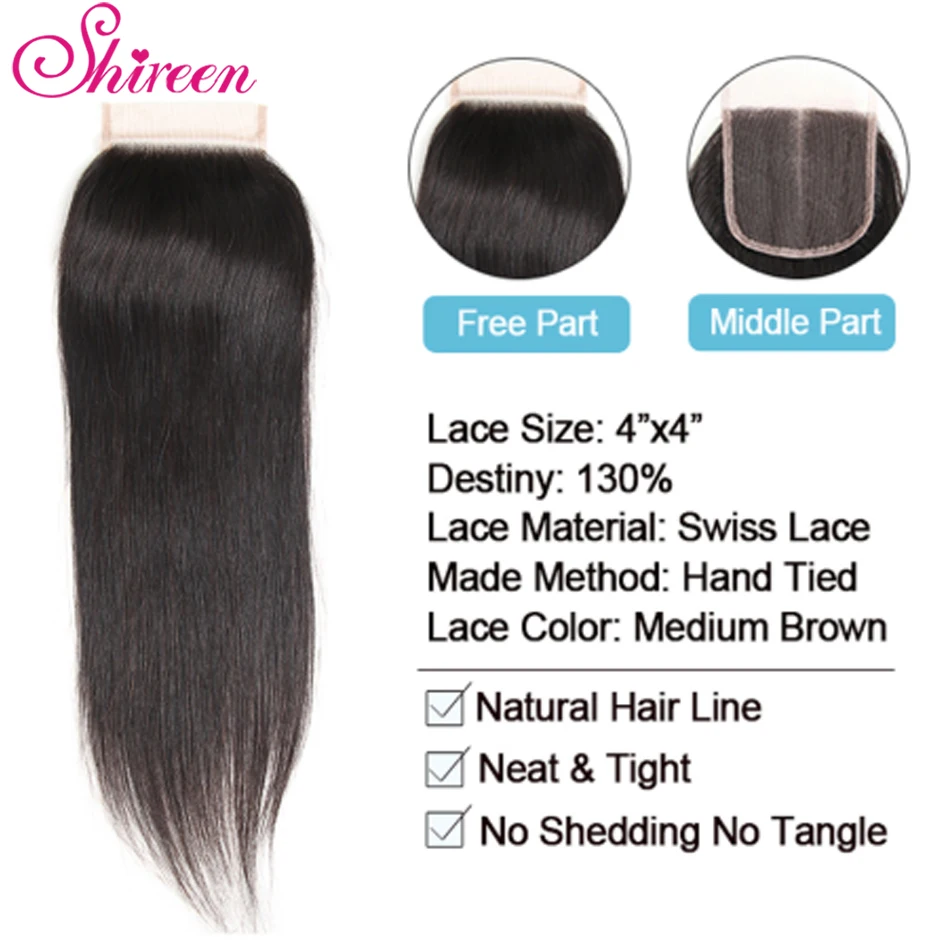 Индийские прямые пучки волос 3 пряди с застежкой человеческих 4x4 дюйма кружевная