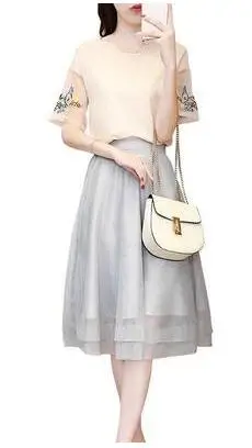 Женские летние однотонные шифоновые рубашки с цветочной вышивкой + юбки-пачки в