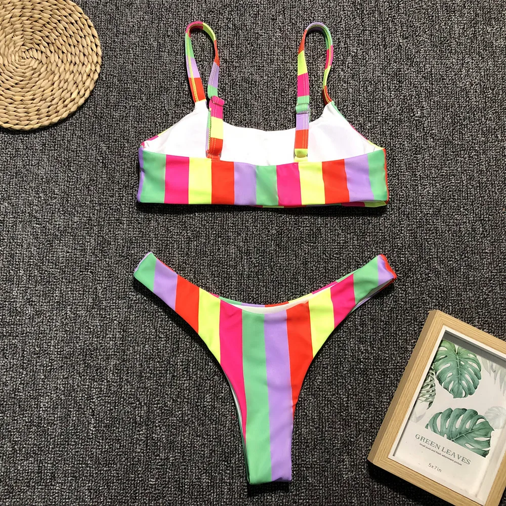 

Bikini 2021 Women Swimwear Stripe Bikinis Sexy Middle Waist Push Up Swimsuit Female Biquini Two Pieces Beachwear Bathing Suit