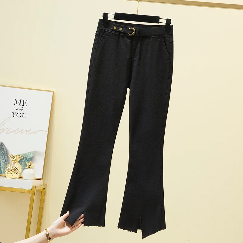 

Черные укороченные брюки с высокой талией, новинка 2021, эластичные облегающие брюки большого размера в Корейском стиле, обтягивающие брюки с...