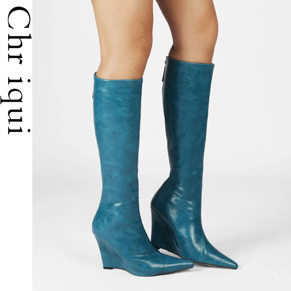 

Chriqui Women Slope Heel Knee High Boots Microfiber Zipper Elegant Footwear For Female Solid Fashion Winter Autumn Lady Shoes