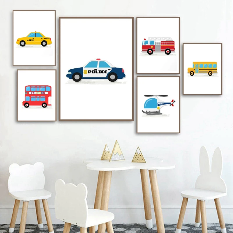 

Boys Room Car Wall Art Poster Cartoon Car Bus Picture Police Car Airplane Wall Art Print for Baby Kids Room Wall Decor