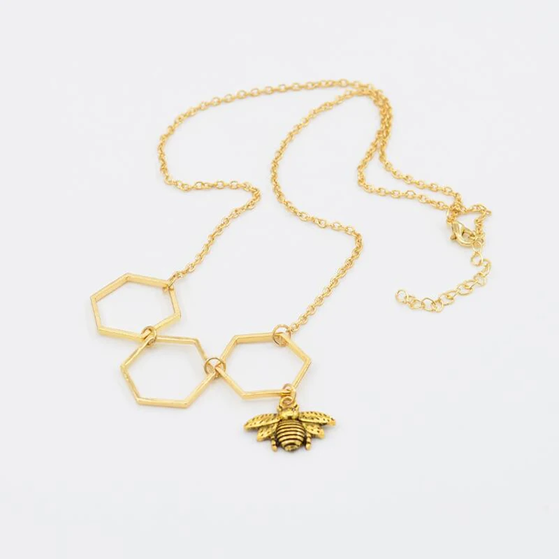 

Women's Fashion Simple Little Bee Hexagon Honeycomb Alloy Pendant Necklace 40CM