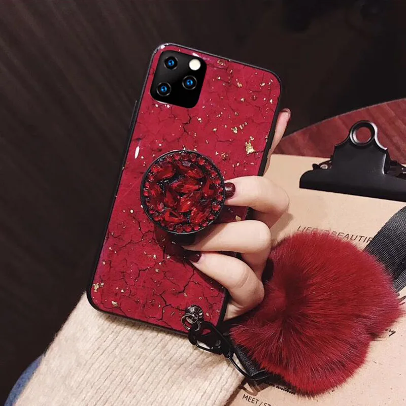 

Furry Pompom Diamond Holder Case For iphone 11 Pro XS Max XR Soft Silicon Cover For iphone 6 s 6s 7 8 plus X 10 11ProMax Cases