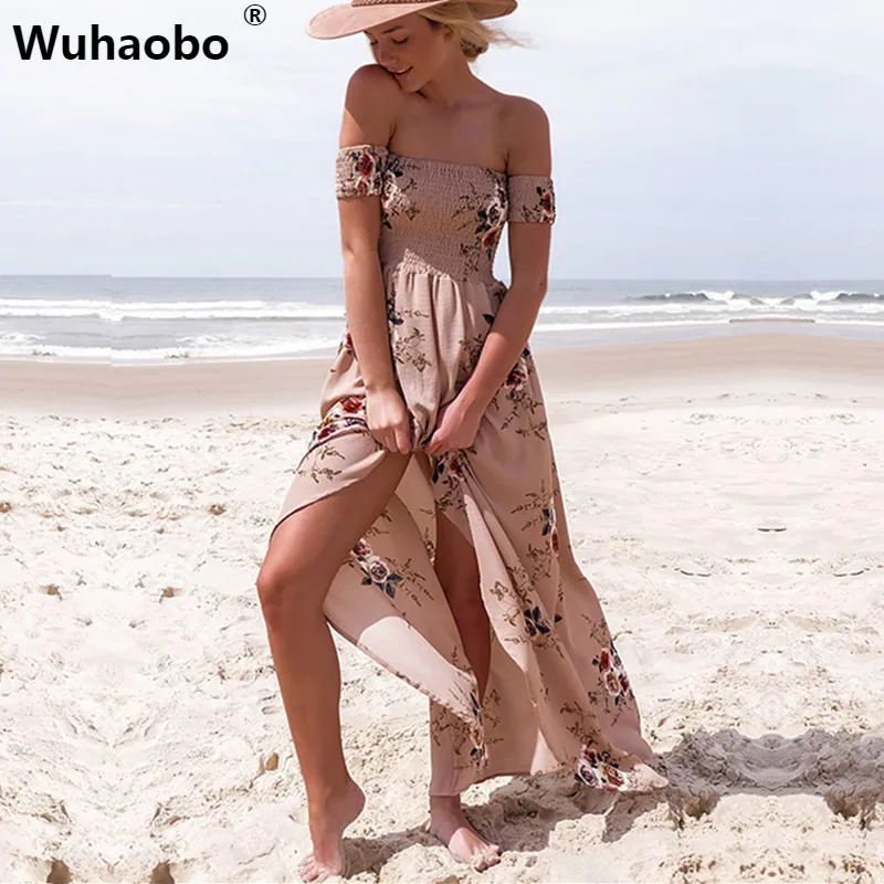 Wuhaobo длинное сексуальное платье без бретелек с принтом на резинке пляжное 2020