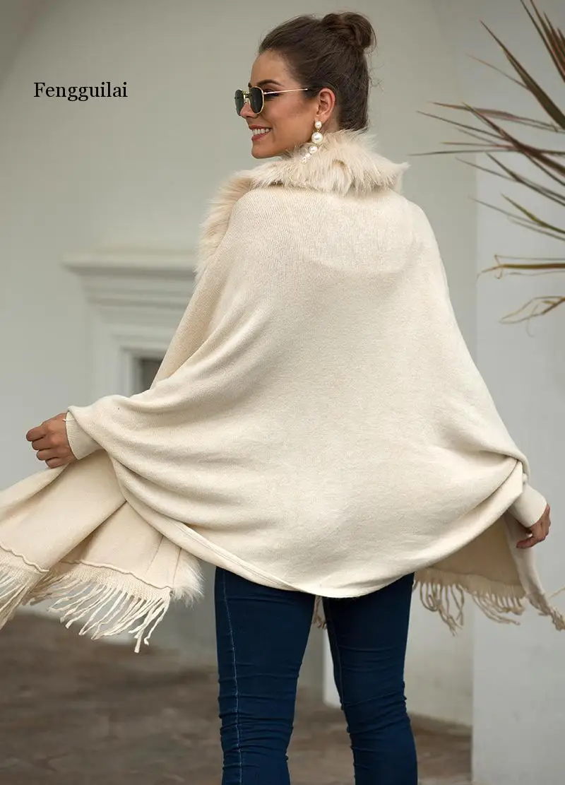 

New cardigan tassel cloak shawl fur collar solid color autumn and winter sweaters winter clothes women vestidos
