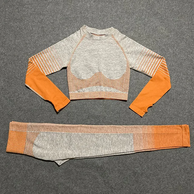 Orange set 2 шт., бесшовный комплект для йоги с эффектом омбре, женские укороченные топы с длинным рукавом, высокая талия, контроль живота, спортивные Леггинсы, спортивный костюм для спортзала, одежда для фитнеса - Цвет: Orange set