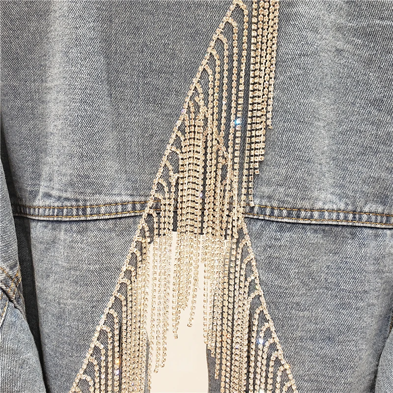 

2020 Spring Autumn Women Heavy Tassel Rhinestone Back Slit Openwork Denim Coat Female Blue Short Jeans Jacket Outerwear