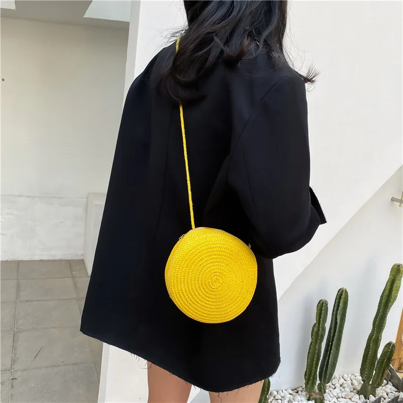Muliti-color Woven Rattan Bag Round Straw Shoulder Bag Small Beach HandBags Women Summer Hollow Handmade Messenger Crossbody Bag