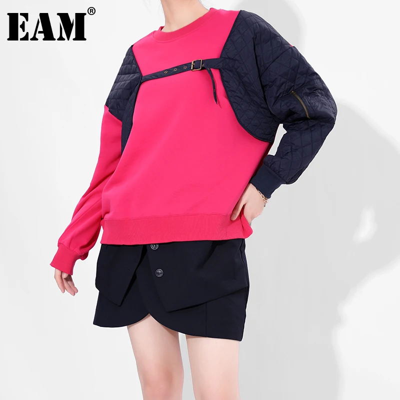 

[EAM] свободный свитер контрастного цвета розового и красного цвета, новинка, круглый вырез, длинный рукав, женская мода, большой размер, весна...