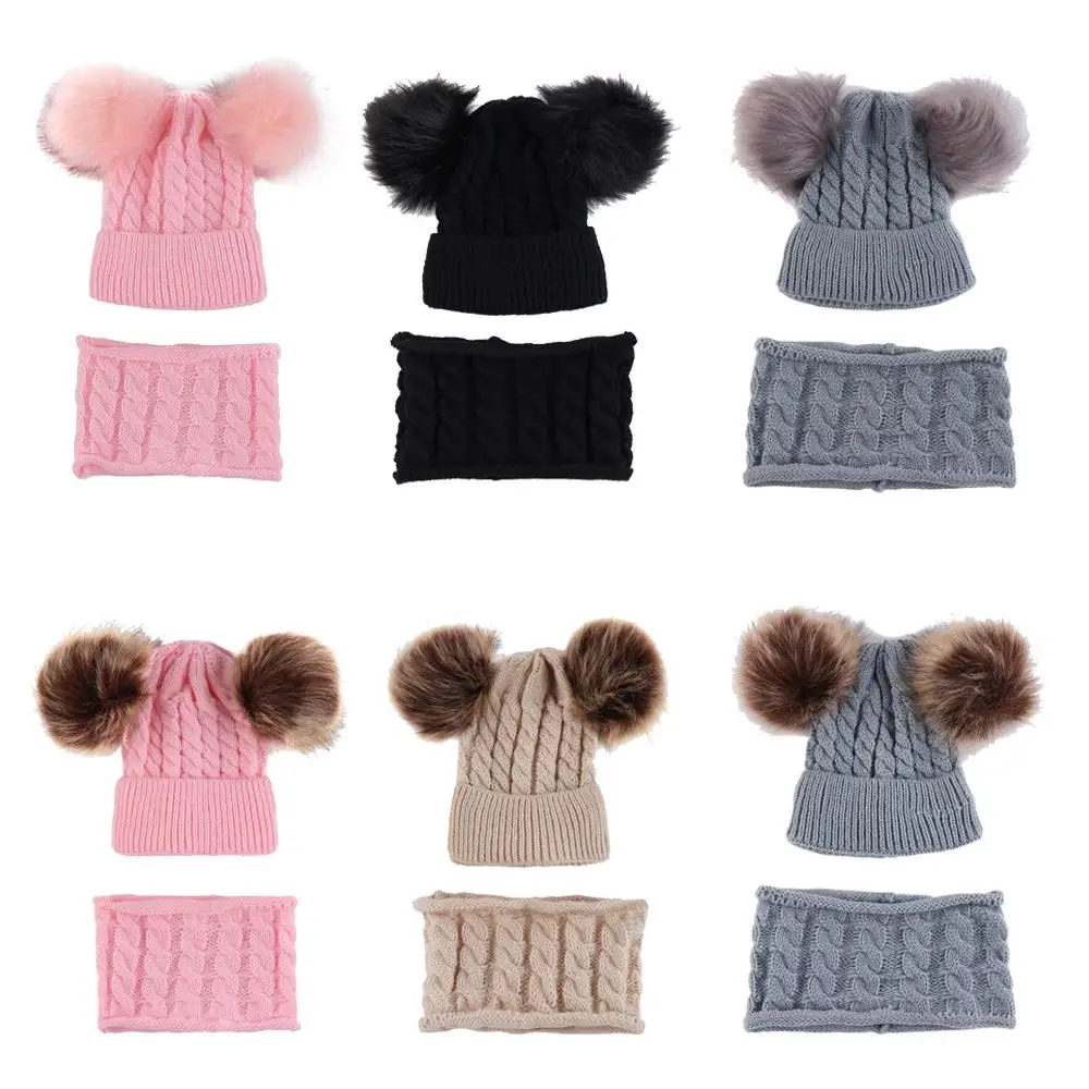 

2PCS Baby Hat Scarf Set Pom Winter Spring Autumn Warm Knit Baby Cap Bonnet Kids Hat Boy Girl Caps Boys Girls Crochet Beanie New
