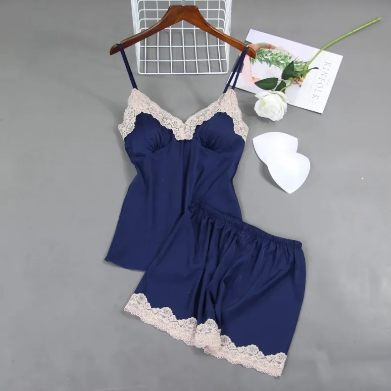 

2020 Summer Women Pajamas Sets With Shorts Silk Homewear Satin Sexy Pijama Sleeveless Pyjamas Thin Sleepwear Chest Pads