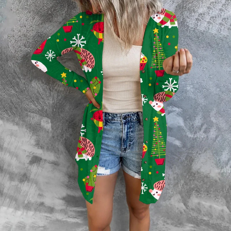 

2021 New Spring Autumn Cardigan Christmas Round Neck Print Irregular Splicing Fashion Button Long Sleeve Loose Casual Jacket