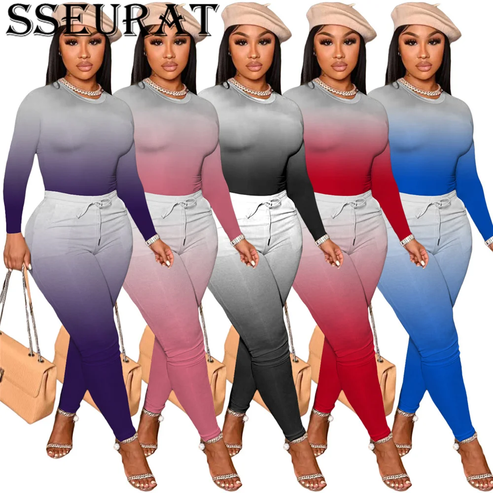 

SSEURAT Two Piece Set Women Tops And Pants Outfit Autumn Fashion New Gradient Print Streetwear Tracksuit Women Set