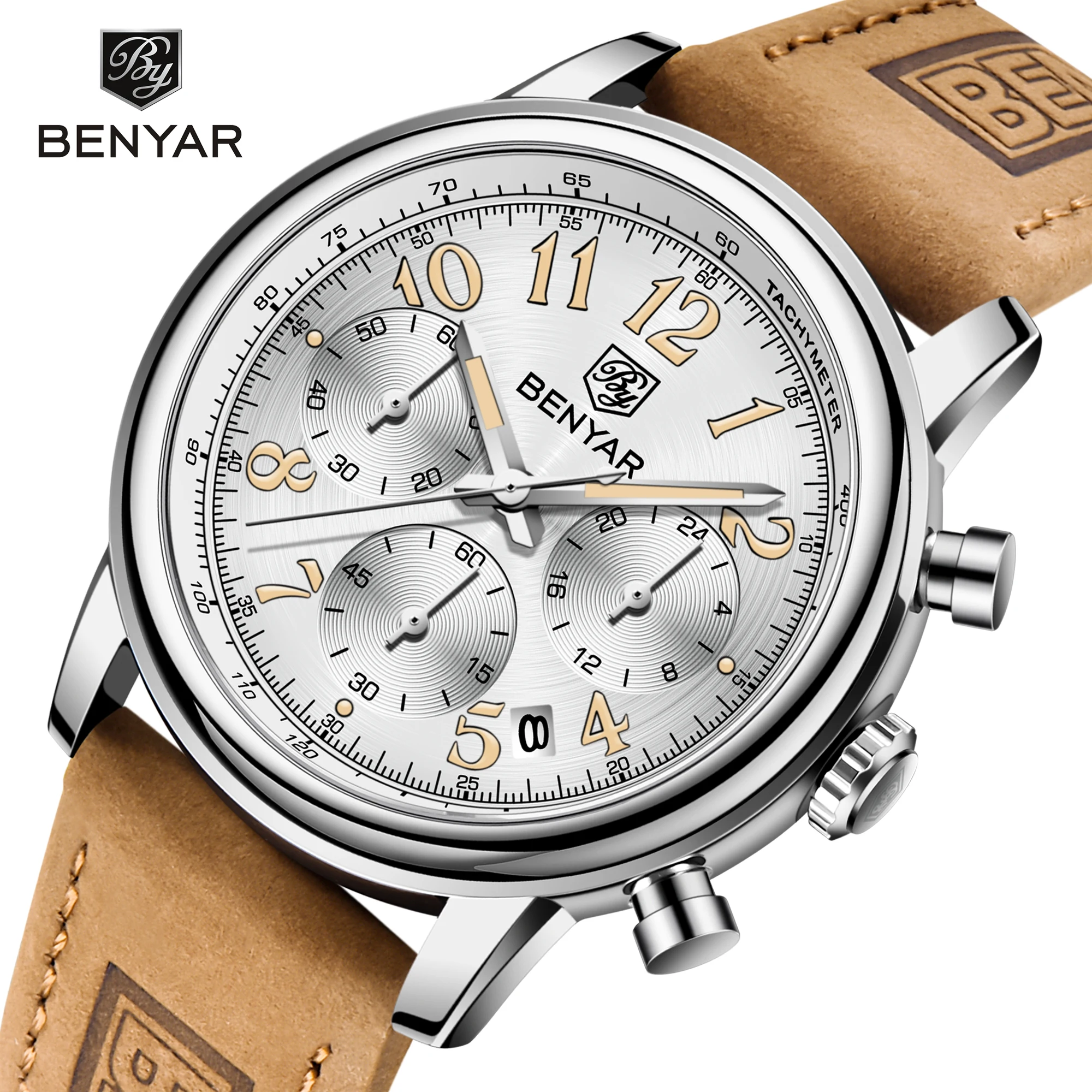 

Мужские кварцевые наручные часы BENYAR, водонепроницаемые спортивные часы с кожаным ремешком, 3 АТМ, 2021