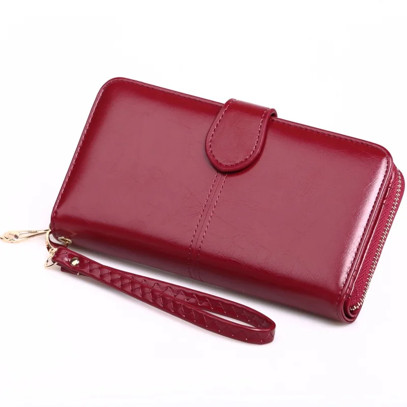 

TENSUNVIS hot oil wax leather wallet long zipper mobile phone bag female oil leather big wallet card holder Women wallet
