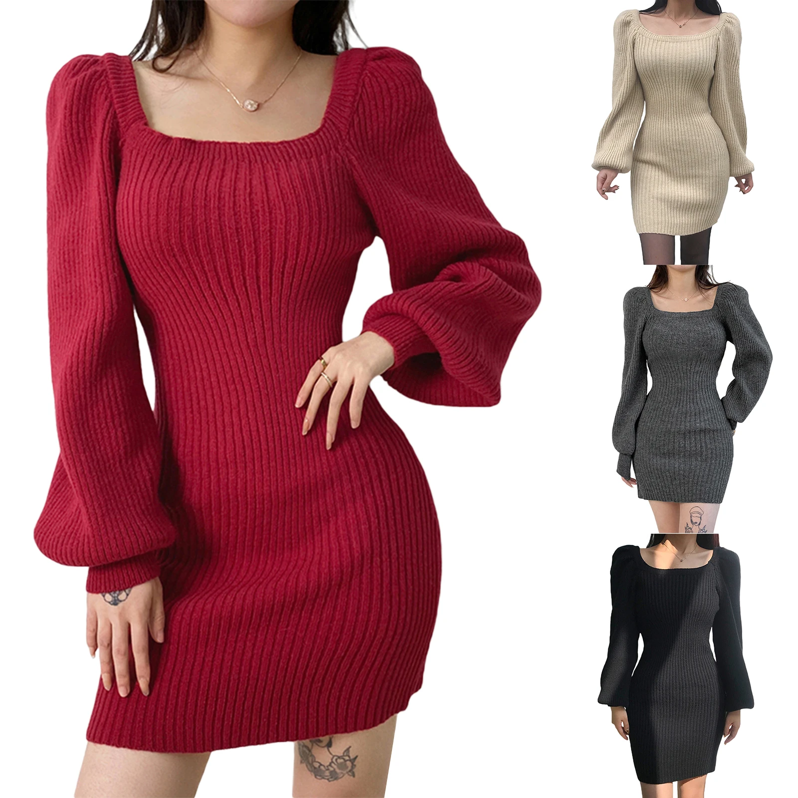 

Женское модное однотонное короткое платье коллекции 2019 года, сексуальное вязаное облегающее платье с квадратным вырезом и пышными рукавам...