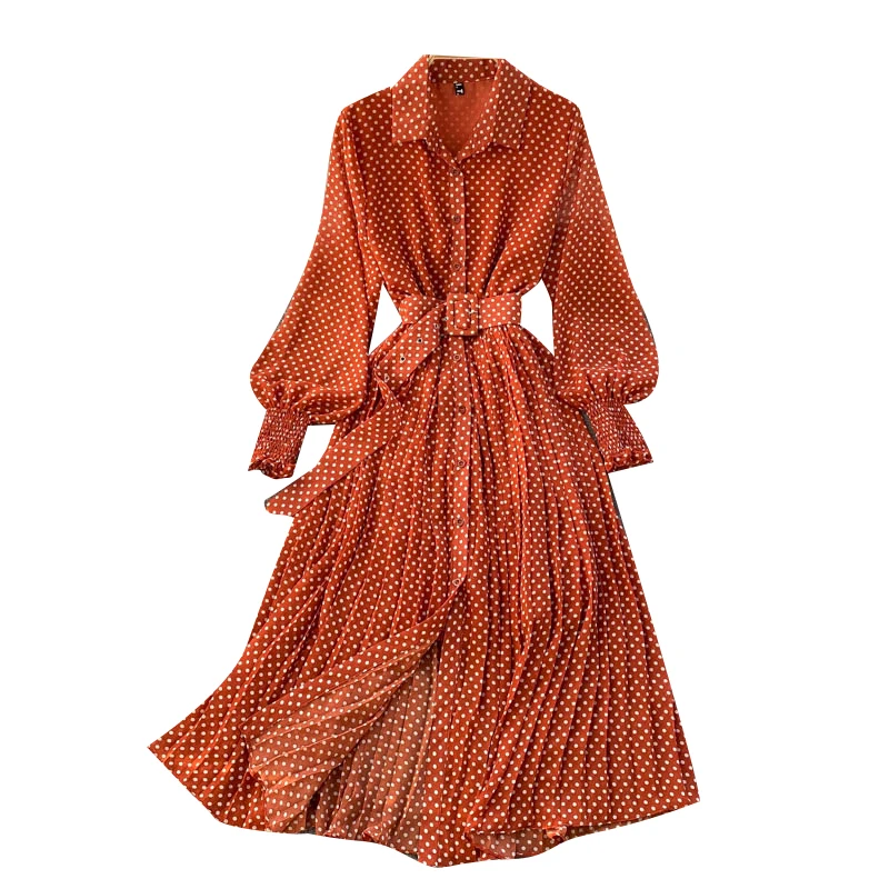 

Spring And Summer French Dress 2021 Ladies Long Sleeve Orange Polka Dot Chiffon Pleated Dresses Femme Robe