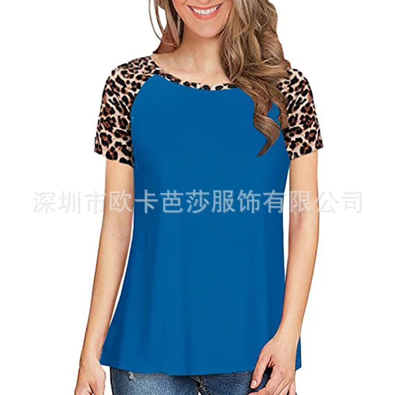 

2021 spring and summer new fashion leopard pattern splicing Casual Short Sleeve women's T-shirt