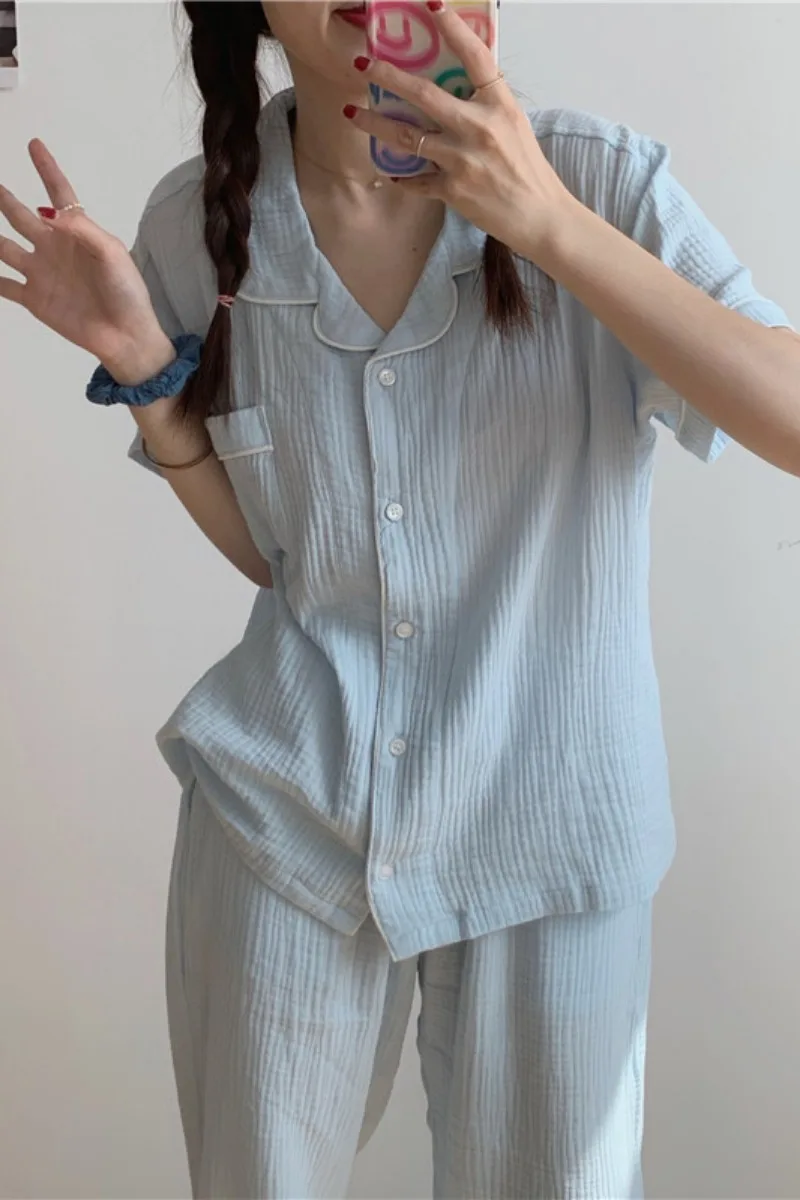 

Harajpee Leisure Pajamas Women Summer Korean Style Solid Can Outwear Comfortable Loose Short Sleeve Pants House Wear Suits 2021