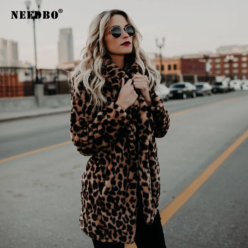NEEDBO Faux Fur Coat Women New Winter Fashion Leopard Print Outerwear Warm Long Sleeve Artificial Fur Jacket Plush Clothing