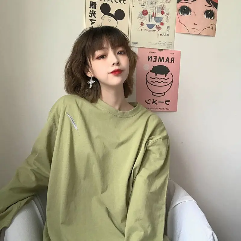 

Women's long-sleeved t-shirt autumn Korean loose simple blouses versatile embroidery early autumn outer wear bottoming shirt
