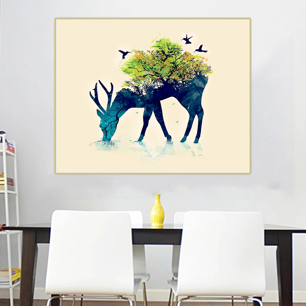 Художественная картина Citon на холсте лес и птицы задней стороне лося