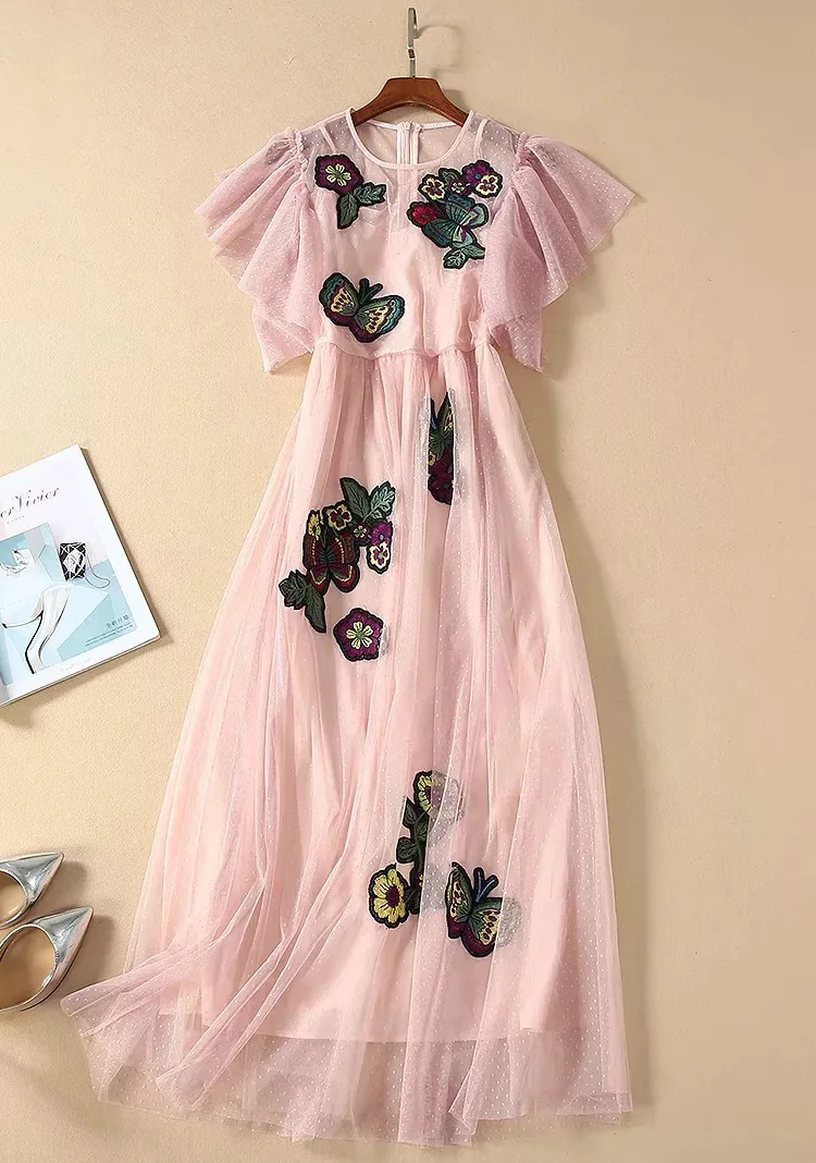 

2021 Spring Summer Dress Long Dress Short Sleeve Empire Crew Neck Flora Print Fashion Dress Embroidery