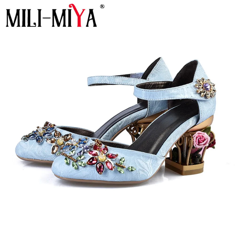 

MILI-MIYA New Arrival Genuine Leather Flower Cutout Block Heels Pumps Round Toe Embellished Crystal Wedding Dress Shoes Women