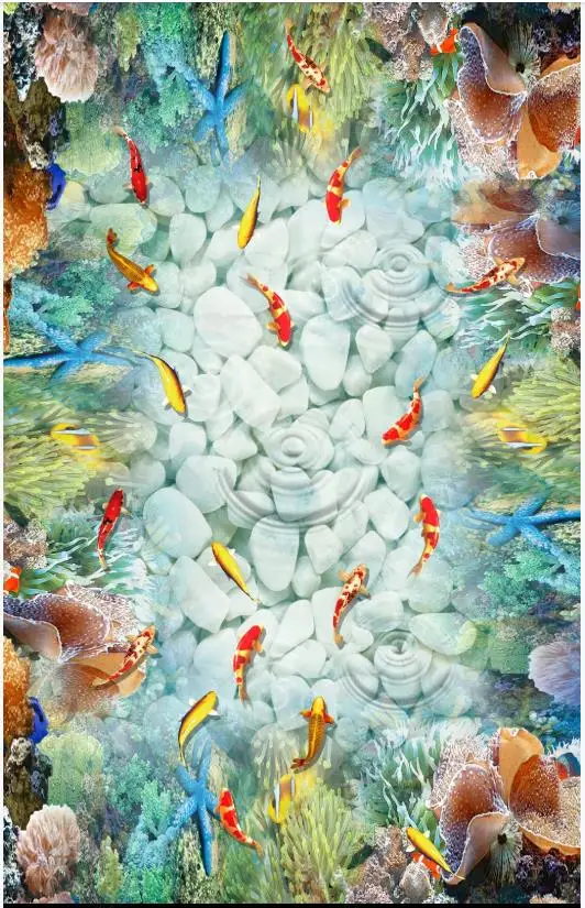 

Custom Self-adhesive waterproof Flooring wallpaper Wall Stickers Mediterranean fish stone coral reef 3D floor painting wall