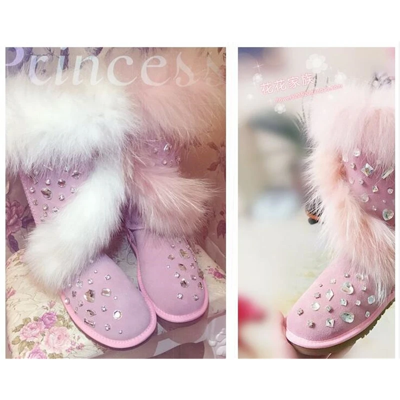 

Handmade gemstones and rhinestones ladies plus size fur fox fur cross high tube cowhide classic inner heightening snow boots