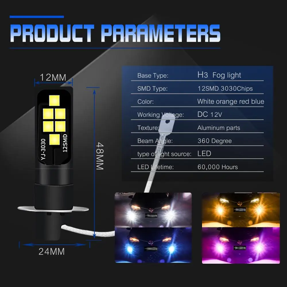 Светодиодные лампы H1 H3 2 шт. супер яркие противотуманные фары 3030 12SMD CREE с чипом 12 В