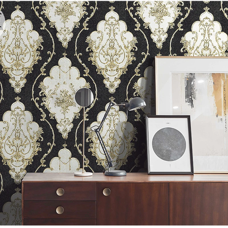 

European luxury retro black Damascus gold foil PVC wall stickers living room bedroom wall decor cafe wallpaper home decoration