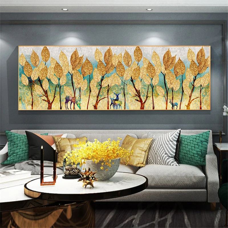 

Retro Golden Tree and Deers Landscape Oil Paintings Print On Canvas Wall Art Decorative Poster Prints for Home Cuadros Decor