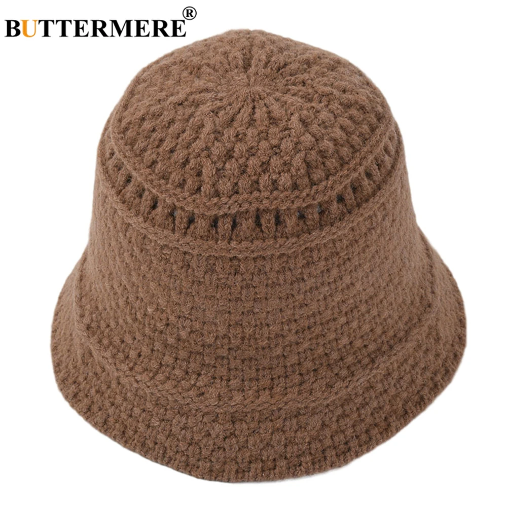 BUTTERMERE Knit Bucket Hat Womens Autumn Winter Women Hat Solid Harajuku Ladies Brown Brand Wide Brim Fisherman Cap