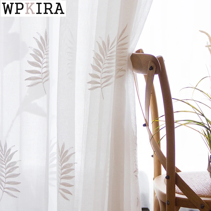 

Pastoral Fresh White Leave Embroidery Sheer Curtain for Living Room Voile Drape French Window Kitchen Blinds S151#E
