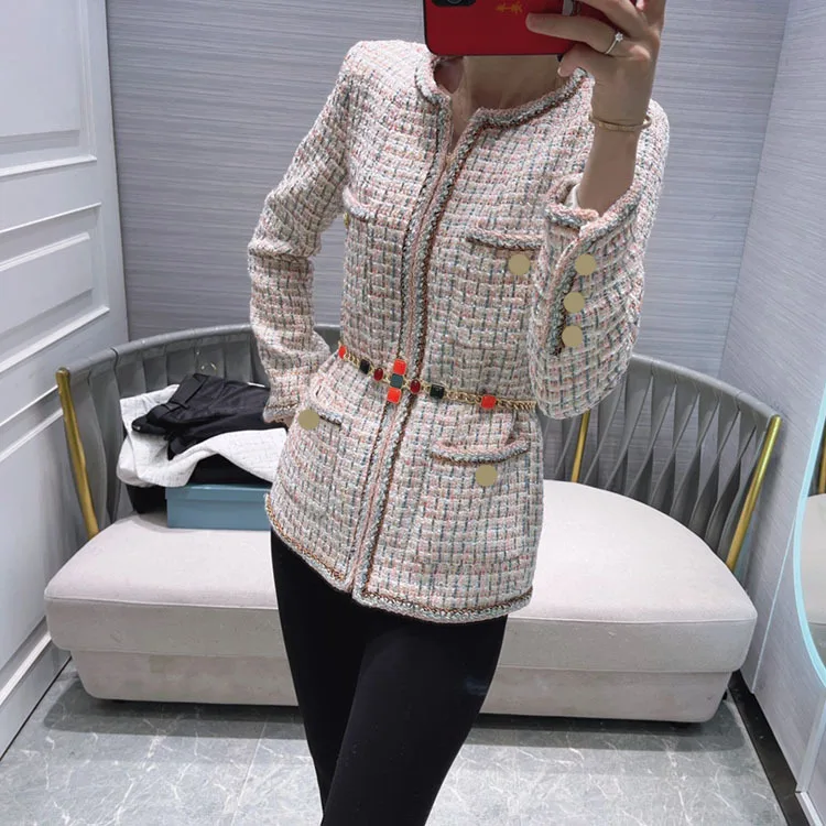 

2021 Early spring women's new temperament ladies color woven four-pocket straight round neck coat