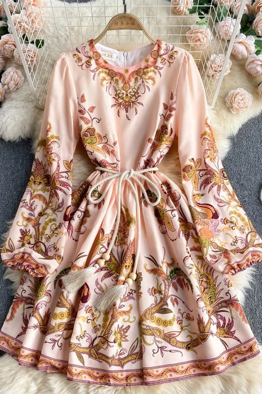 

Spring Fall Dress Women Court Style Retro Outwear Printing Bubble Sleeve O-neck Elegant Dress Hit Color
