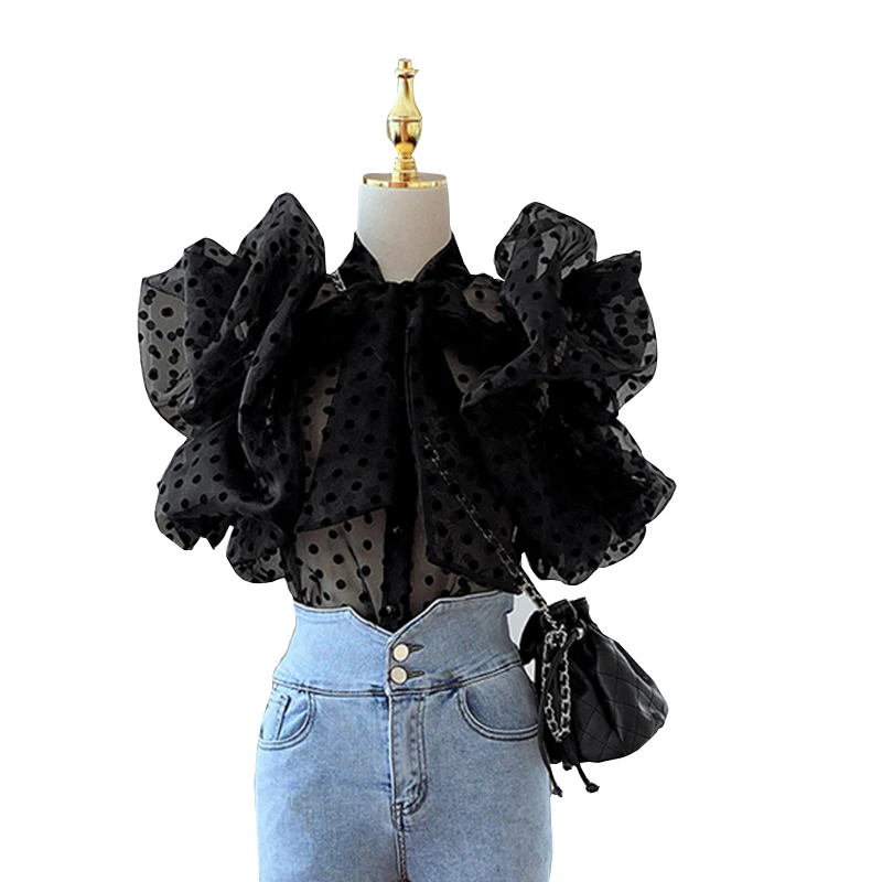 

2021 Summer Fashion Vintage Style Puff Sleeve Sleeveless Polka Dot Bow Single Breasted Blouse Women Shirt Lady Blusas Tops