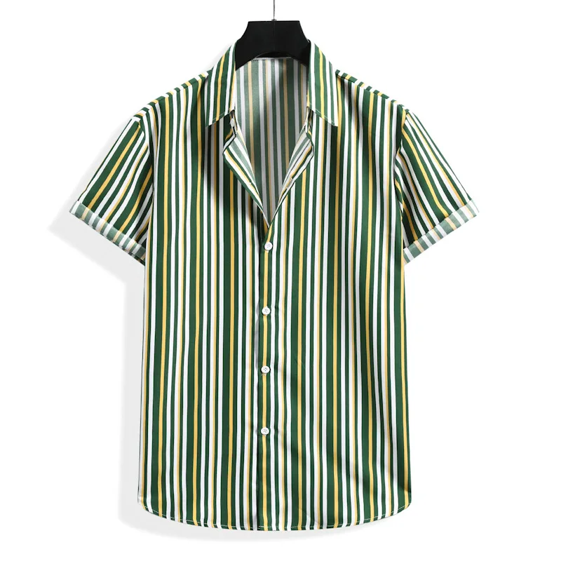 

QIWN2021 Summer New Men's Short-sleeved Striped Flower Shirt Foreign Trade Printing Casual Fashion Cardigan Beach Shirt