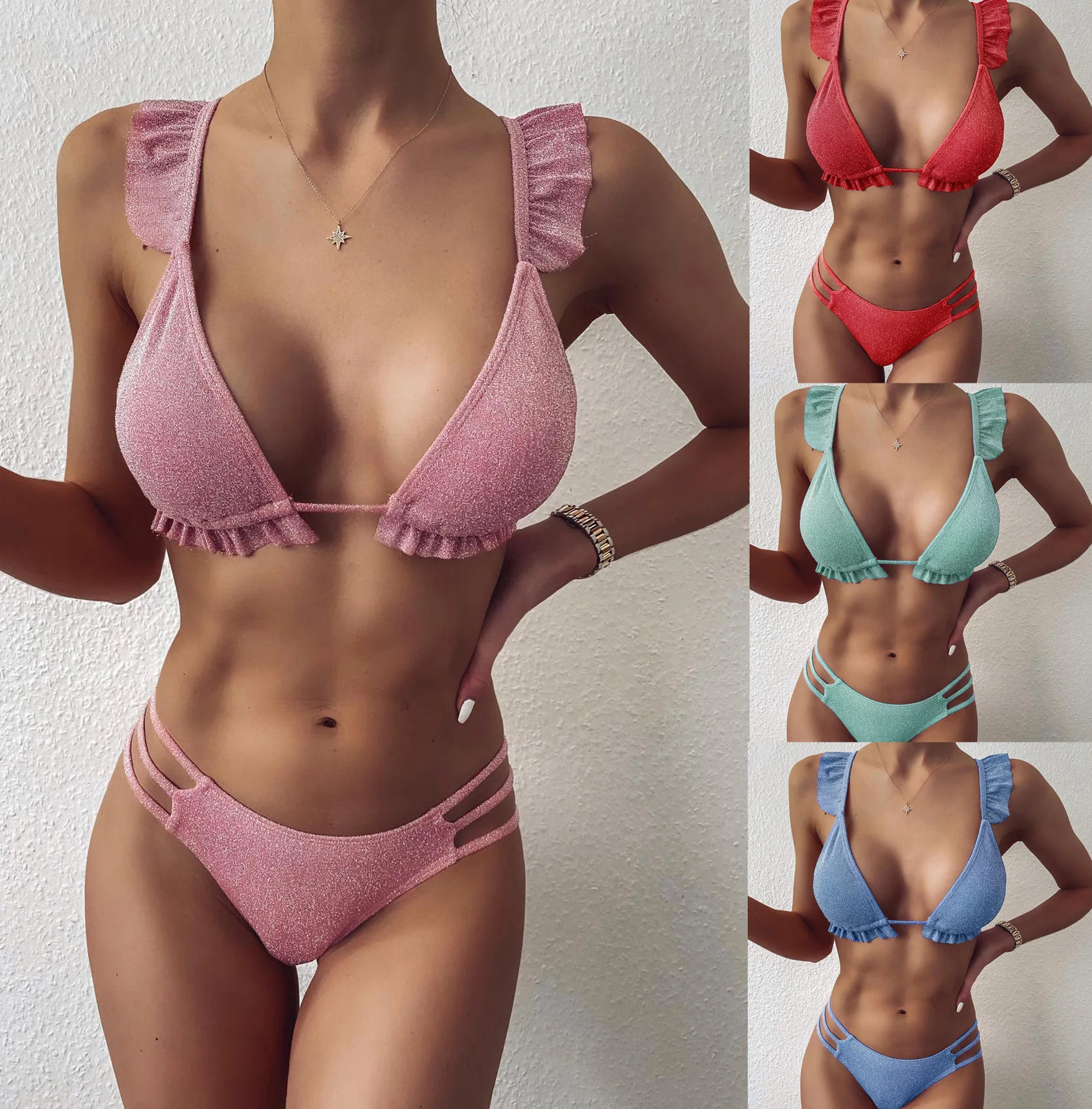 

Women's Bikini Swimsuit Two Piece Fashion Sexy Solid Color Ruffled Split Bathing Suit with Chest Pad