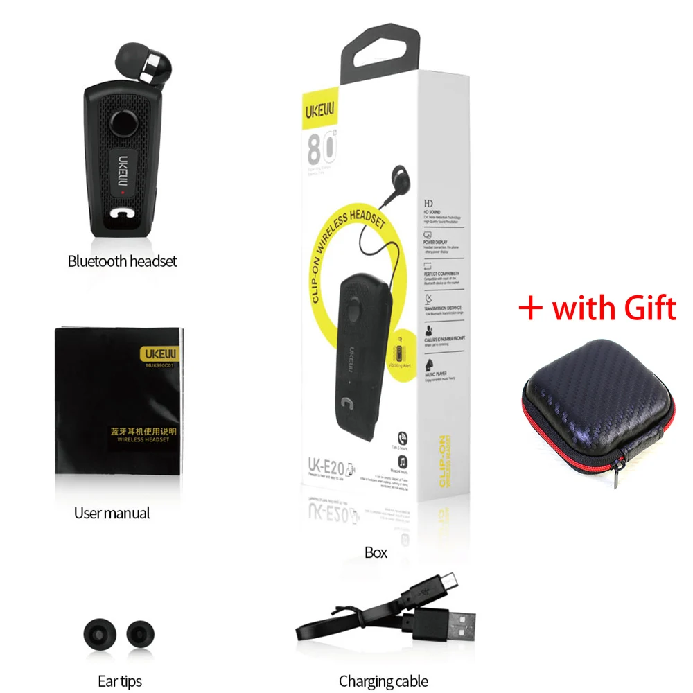 Black with box FINEBLUENew UK-E20 Портативный бизнес беспроводной Bluetooth гарнитура Телескопический Тип наушники с микрофоном гарнитура вызов вибрации - Цвет: Black with box
