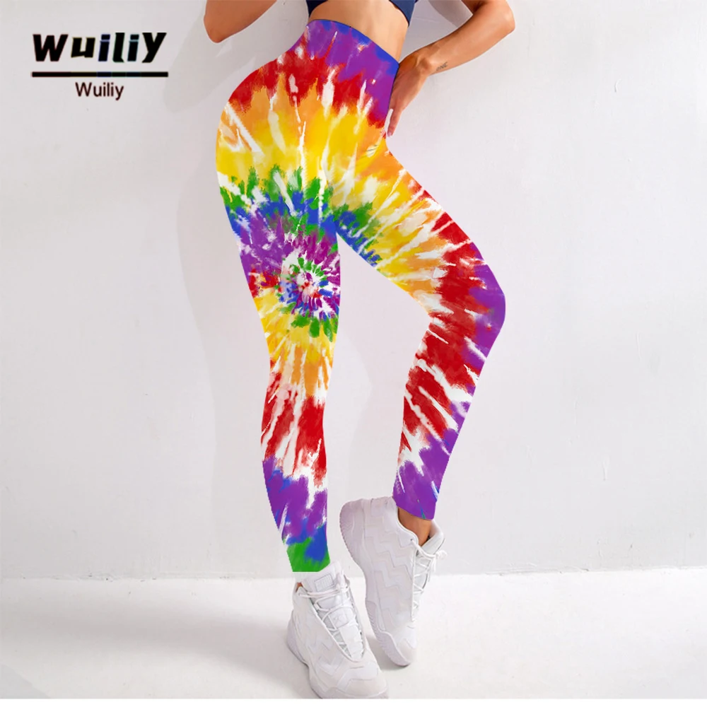 

Wuiliy Rainbow Seamless Fitness Women Leggings Fashion Patchwork Print High Waist Elastic Push Up Ankle Length Colorful Leggings