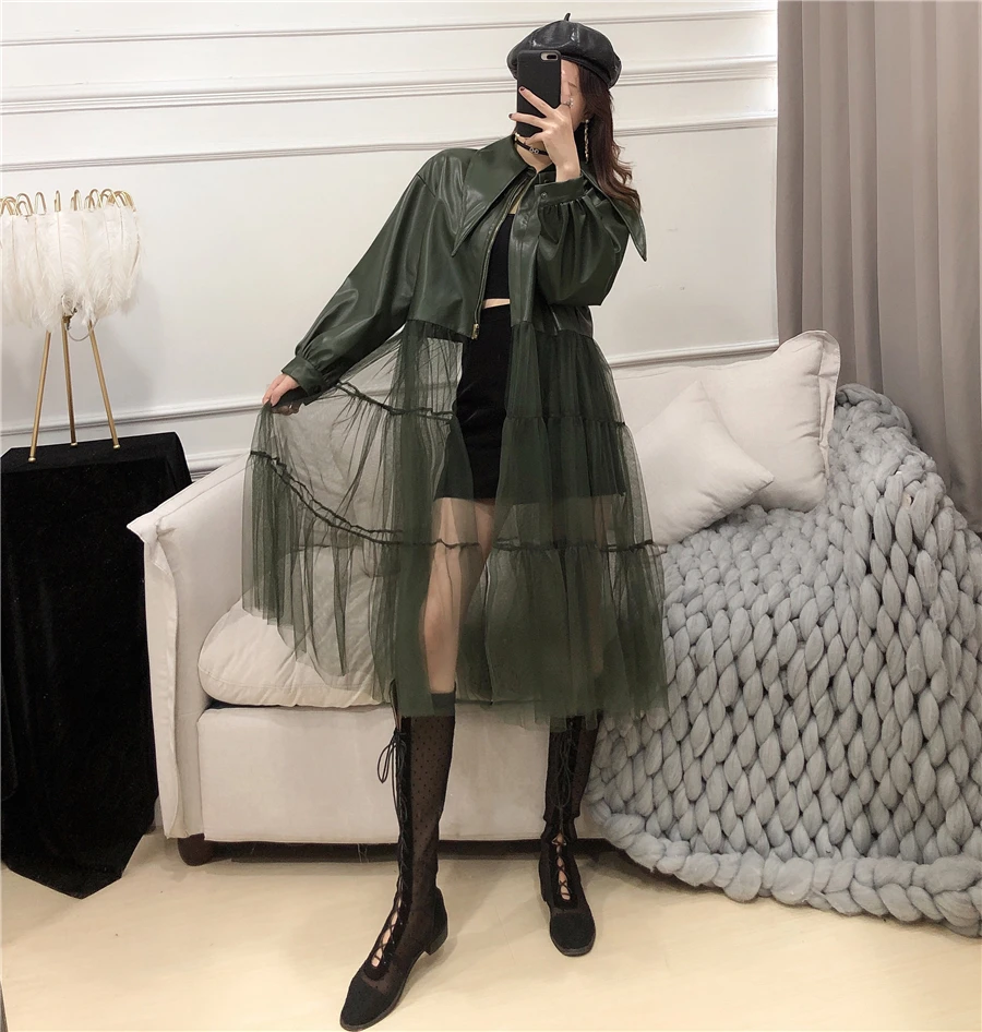 WHITNEY WANG осенне-зимняя модная уличная сетчатая юбка Лоскутная куртка из искусственной кожи женское пальто из искусственной кожи