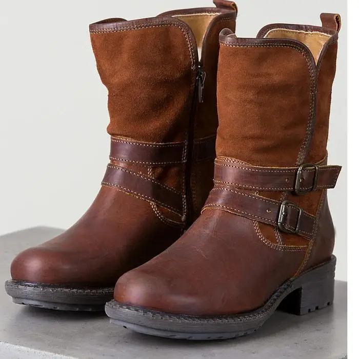 Западные коричневые женские ботинки зимние шипованные ранцы низкий каблук