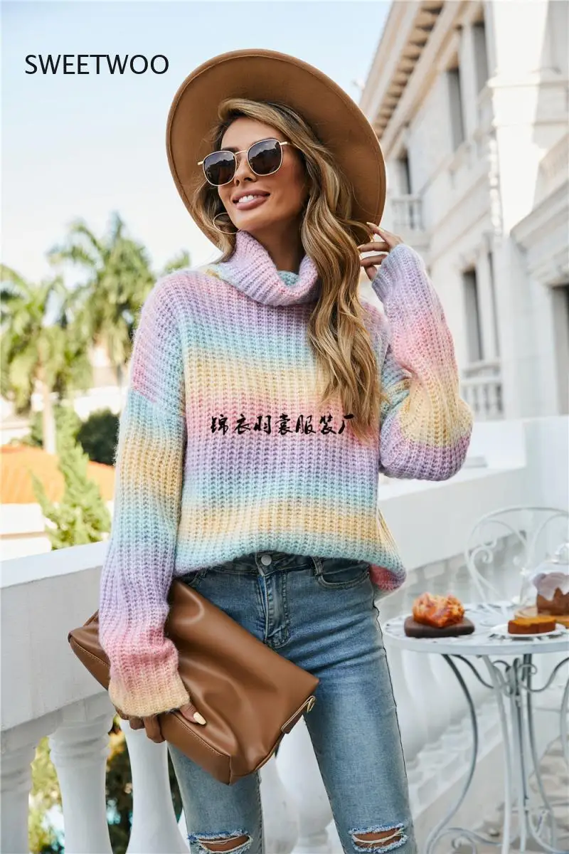 

Autumn New Rainbow Knitted Pullover Turtleneck Plus Size Sweater Women Pullovers 2021 Winter Womens Vintage Sweaters Fashion