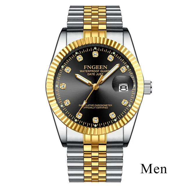 Gold Watches for Men Top new Brand Luxury Diamond Quartz Couple Watch Women Steel Strap Date Luminous Reloj Hombre Lovers Watch