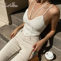 artsu crochet top women y2k clothes sexy bodycon deep v neck cropped vest streetwear solid slim backless camis white knitted top