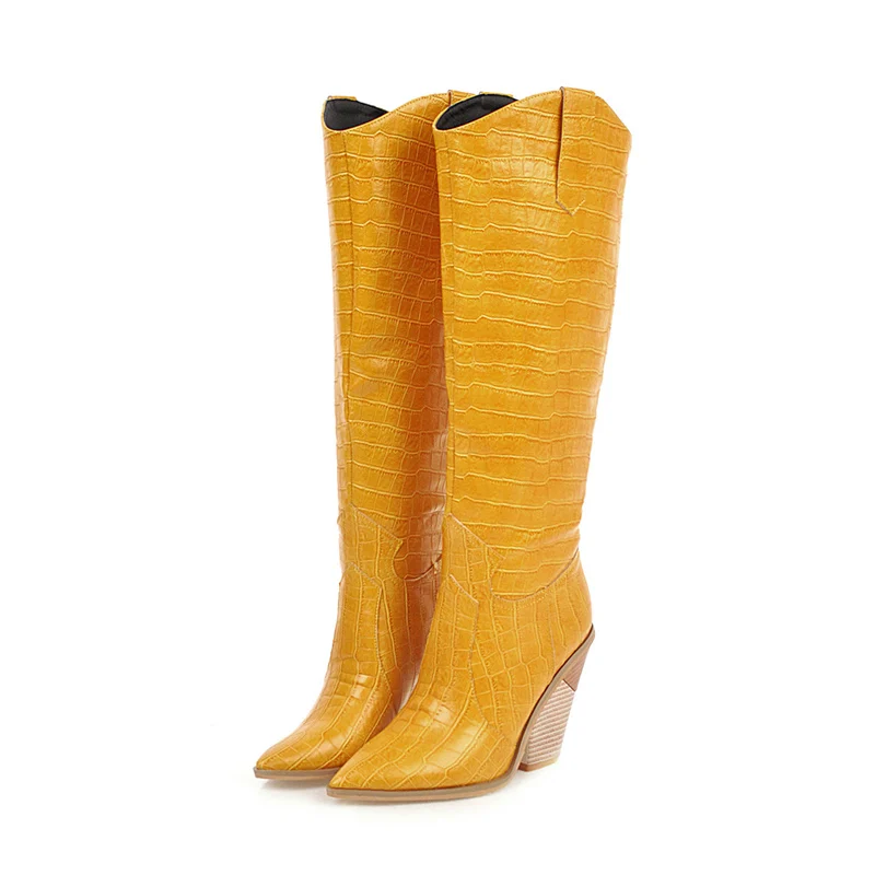 2019 Роскошные желтые сапоги женские до колена в западном стиле ботинки на танкетке 10 см высоком каблуке
